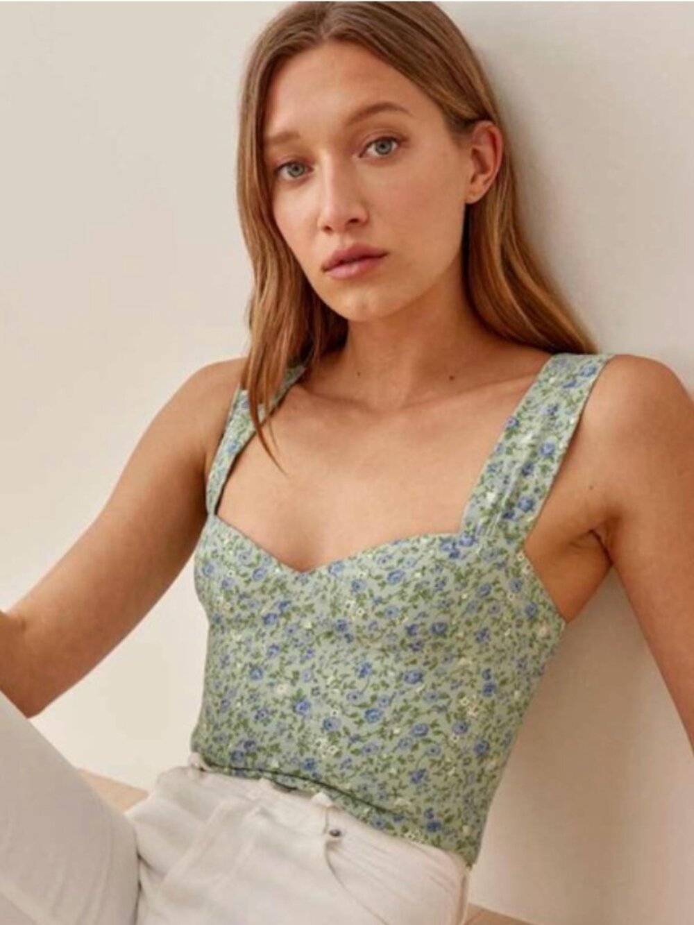 Reformation Hester Floral Tank Top Green Blue Smocked Crop Sleeveless Size 10